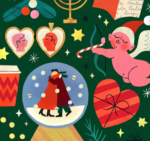 An illustration by Clare Owen of a cherub with a santa hat and a candy cane in his bow, a snow globe of two people in winter hear and scarves embracing, a locket with two people kissing each other on each side, a menorah, some mistletoe and many stars of different shapes