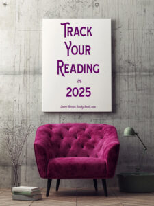A grey cement wall with a stuffed purple chair, a lamp, and a stack of books with a canvas above the chair that reads TRACK YOUR READING IN 2025