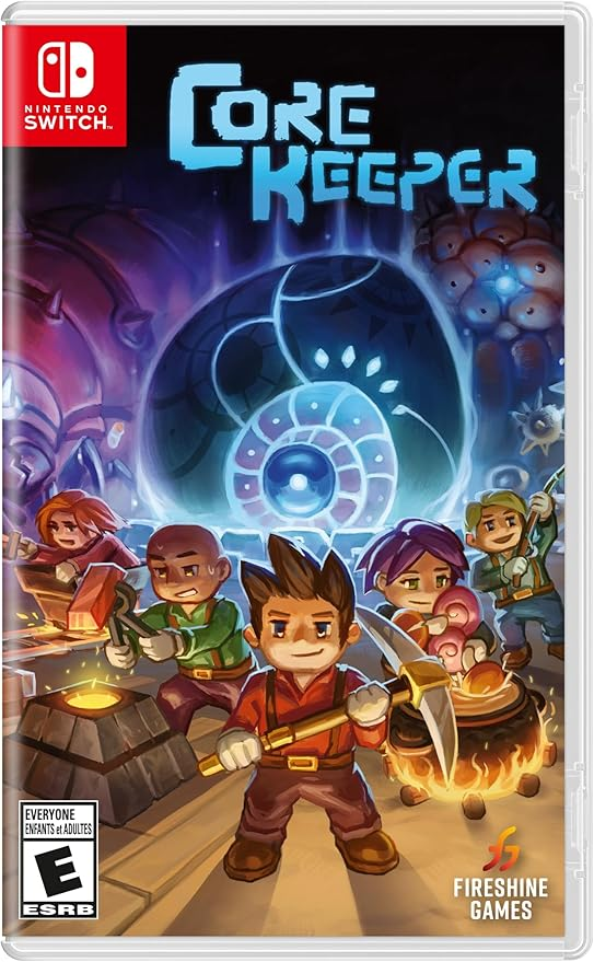 Core Keeper game. Five figures with different tools (pickaxe, fishing pool, etc) stand before a glowing blue portal.