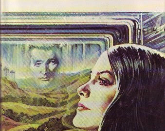 Doubleday Romance Library anthology from 1977. The side profile of a brunette woman with a large window behind her. Through the window is a scene of rolling green hills and the silhouette of man's face in the blue sky.