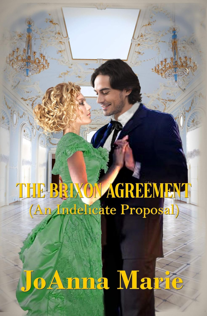 The Brixon Agreement by JoAnna Marie. A photoshopped man and woman in a large empty room. The man is in a navy suit with a western bow tie. He's holding the hands of a woman with blonde curly hair and a frilly green dress. Light appears to be hitting them at different angels. The room is white marble and glossy parquet floors. The ceiling is powder blue with gold decorations and what appears to be a skylight.