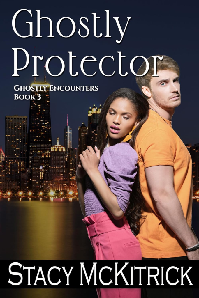 Ghostly Protector by Stacy McKitrick. A man and woman stand back to back in front of a city skyline at night. He is a white man with blond hair and wearing a tangerine tee shirt. She is a black woman in a lilac long sleeved shirt with ruched shoulders or shoulder pads. Her skirt is hot pink. 