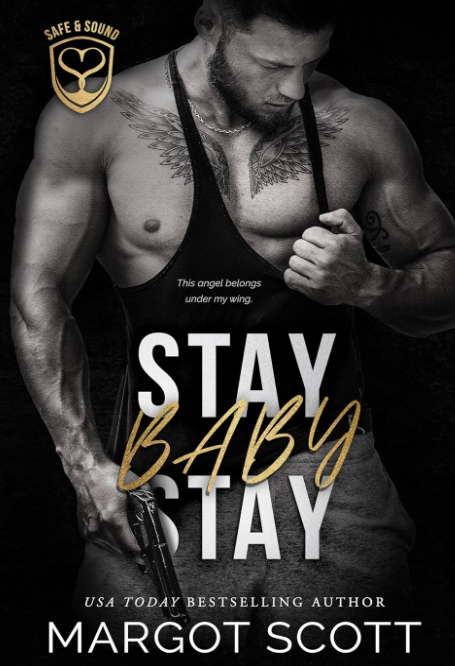 Stay Baby Stay by Margot Scott. A bearded man is pulling aside his tank top to reveal his nipple, which he is looking down at. In his other hand is a gun.