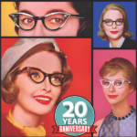 the original smart bitches ladies in their 50s glasses against red blue yellow and pink boxes with a 20 years anniversary banner in the lower center