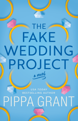 The Fake Wedding Project by Pippa Grant - a blue background with illustrartions of engagemetn rings in white and blue scattered over the background 