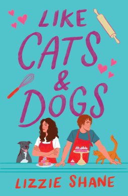 Like Cats & Dogs by Lizzie Shane - a blue background with a whisk and rolling pin scattered at the top, and two peopel standing back to back wearing red aprons. There's a grey dog and an orange cat