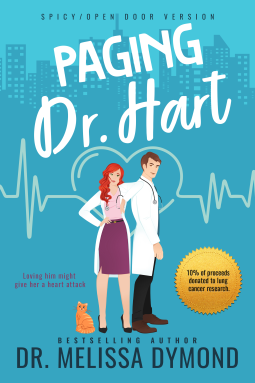 Paging Dr Hart by Dr Melissa Dymond - A blue background with a heart rate line across the middle forming a heart over two illustrated people, one with red hair, a medical coat, and a purple skirt, and the other in a white medical coat and dark pants and shoes 