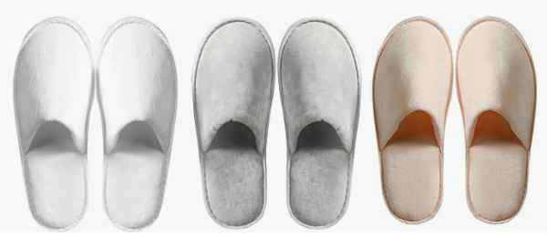 A set of six slippers in white, grey, and cream
