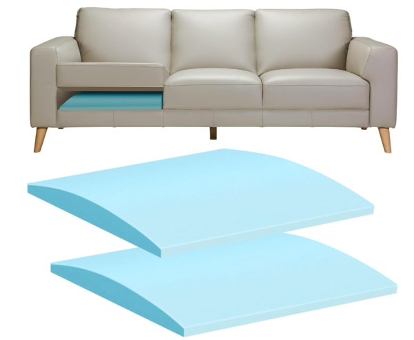 A picture of a beige couch with one cushion lifted to show a blue cushion insert below, and below the couch are pictures of the two cushion supports that are light blue