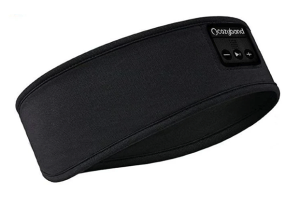 cozyband black wireless headphones on a black fabric headband that can be used as a mask