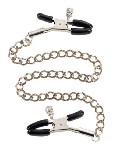 A winding silver chain that ends in two padded black silicone clamps