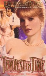 Tempest in Time - Eugenia Riley - a close up of a woman with upswept blonde hair and bangs and big blue eyes. Over her shoulder in the background are a man and a woman back to front with the woman looking over her shoulder at the man, who is wearing a white shirt that is fully buttoned up wtf