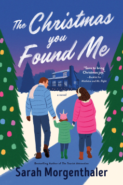 The Christmas You Found Me - Sarah Morgenthaler A blue path leading to a blue inn and a blue sky with three people in puffy coats in blue, green, and pink. There are two Christmas trees on either side. 