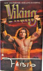 Fabio as a viking is holding a sword above his head against a sunset. There are muscles.