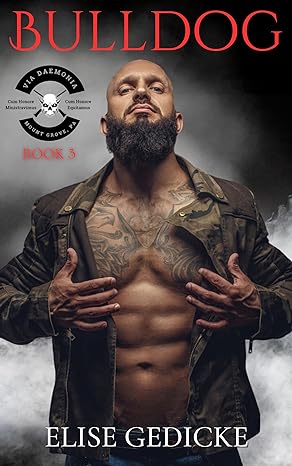 Bulldog by Elise Gedicke. A bald man with a large dark beard. He is wearing a tattered, brown leather jacket with no shirt underneath. The jacket is open, revealing a bunch of chest tattoos. His hands are raised and it looks like he's rubbing his nipples.