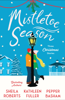 Mistletoe Season anthology - a blue background with a lamppost and two people kissing behind it. 