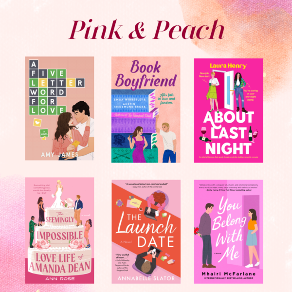 A pink and peach background with six books with peach and pink covers. 