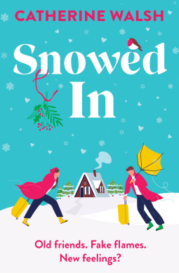 Snowed in. Catherine Walsh Two people fighting wind wearing identical jackets and pants with yellow suitcases. In the background is a triangular shaped cabin against a blue background sky 