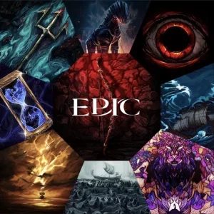 EPIC the musical - A collage of all the art from EPIC's Concept Albums (Illustrated by ZWIST) A purple hourglass, a green ocean holding a trident, a horse? something creepy, a close up of a fiery eye, and other things I can't quite make out surround the world EPIC