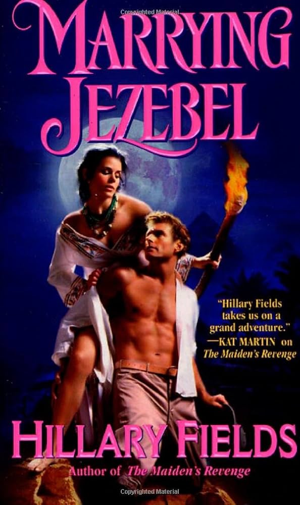 Marrying Jezebel - a woman in an off the shoulder white something with embroidery around the neck and cuffs is standing behind a kneeling man with his shirt open. She has one hand on his shirt collar and the other is holding a lit torch like she's going to set him on fire