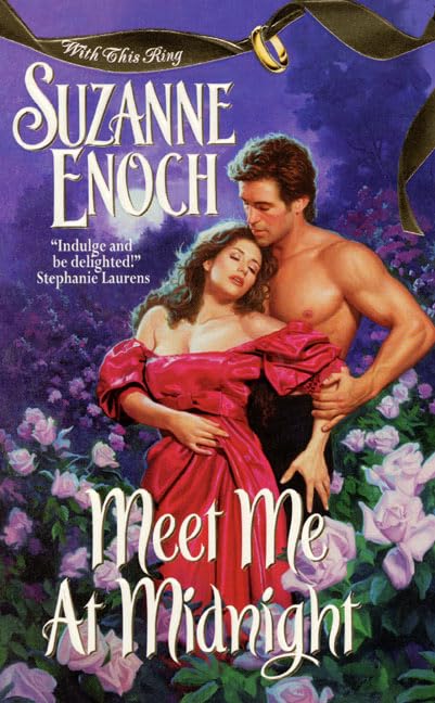 A classic clinch cover with a couple in a hedge of waist-high roses ouch the man is shirtless behind her, muscles a flexin, while in front of him there is a woman with shoulder length brown hair and an off the shoulder gown with a LOT of ruffles in a very deep magenta
