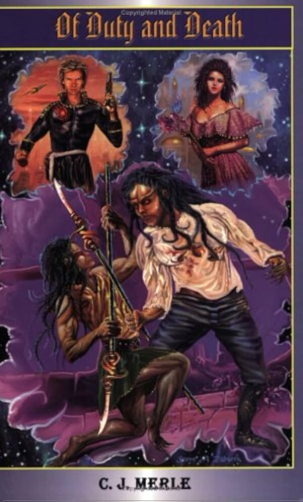 of duty and death - mostly purple illustrtion of a figure with forehead bone structures in a white ruffly shirt battling someone who is emaciated and kneeling in front of them. Over the shoulders are two cameo portraits of a woman with 90s hair all big and stringy wearing an off the shoulder purple dress holding something that looks like a wand. On the left is a figure that looks like Sting in a black uniform holding a gun in space