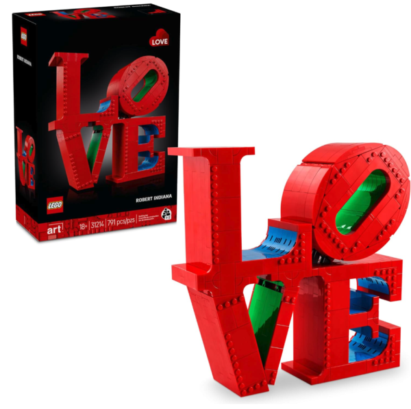 A Lego sculpture version of Robert Indiana's LOVE sculpture in Philadelphia with four red letters stacked and the O off center 