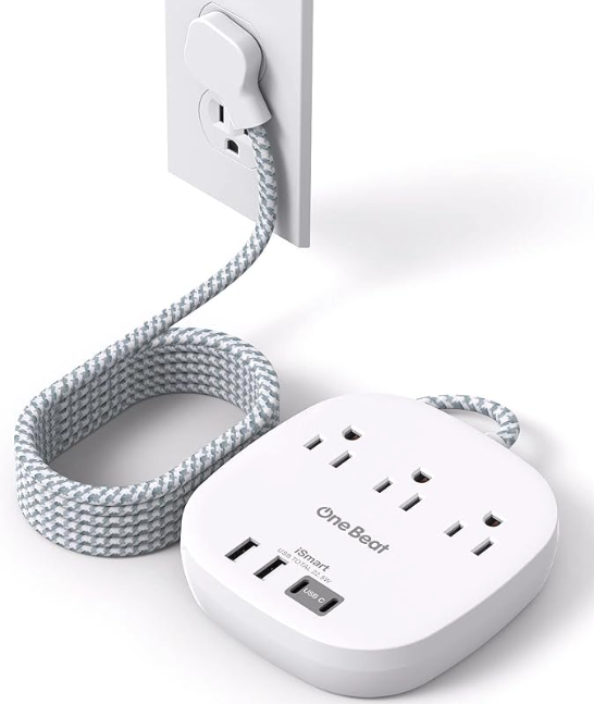 A white charging station with three AC outlets, Two USB and two USB C 