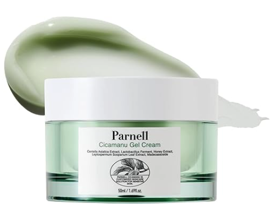 Parnell Cicamanu Gel Cream - a light green face cream in a light green glass bole with a white lid 