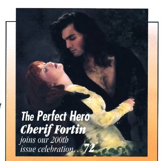 Cherif Fortin in a black deep vneck top has a woman with red hair in a cream dress who kind of looks dead. The caption is THE PERFECT HERO Cherif Fortin