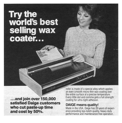 An Ad for a wax coating machine. Try the world's best selling wax coater! A woman with a blowout and a pan collar blouse feeds a page into the waxer, which looks like a scanner