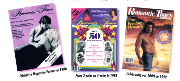 Past formats of RT: Tabloid to magazine format in 1986, a lavender cover with a couple embracing, then 2-color to 4-color celebrating their 50th issue, and then their 100th issue featuring Fabs.