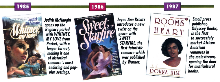 1985 Judith McNaught opens up the Regency period with WHITNEY, MY LOVE from Pocket, with a longer format, making it one of historical romance's most enduring and popular settings. 1986 Jayne Ann Krentz introduces a new twist on the genre with SWEET STARFIRE, the first futuristic romance which was published by Warner. 1987 Small press publisher, Odyssey Books, is the first to successfully market African American romances in the mainstream, opening the door for multicultural books.