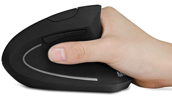 A black ergonomic mouse with a hand demonstrating how the mouse fits in the hand. The thumb is visible while the rest of the mouse hides the fingers. 