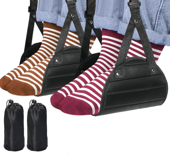 Black nylon foot hammocks - a pair of two with two sets of feet resting in them. The feet have striped socks in cranberry and brown and are wearing jeans 