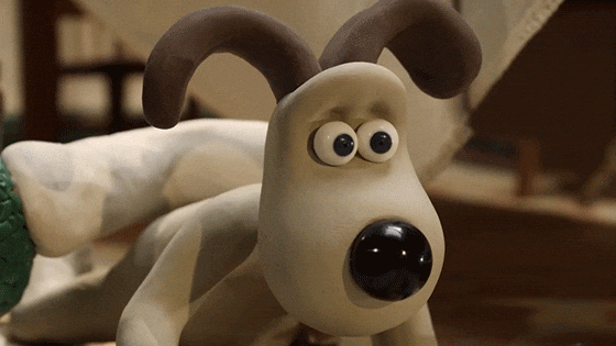Grommit the dog rolls his eyes and puts his head in his chin