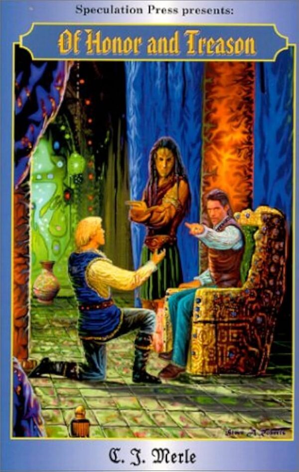 An illustration of three figures pointing at each other. One is seated on a throne, looks a little like john desalvo and is wearing a blue shirt and pants and a leather doublet. A person is kneeling in front of the throne with a blue doublet and boots and blonde hair in a bowl cut, also pointing. And to the right of the throne dude is a figure with bone formations on their forehead, long brown hair and something with cringe? But the out stretched arm looks like it ends in a ham