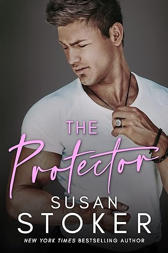The Protector by Susan Stoker. A man in a white tee has his hand at his collar. His head is turned and he looks disgusted. The title is also in a pink script font that makes it hard to read.