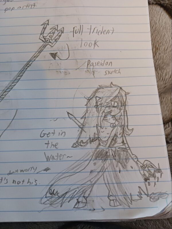 A pencil illsutration of a figure with long hair and a trident pointed down toward the water walking. at the top is a second illustration of the trident with the words full trident look,followed by the words poseidon sketch. the caption behind Poseidon reads Get in the Water.