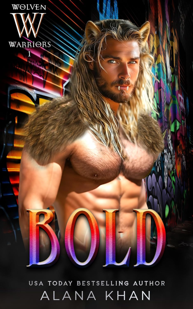 Bold by Alana Khan. Yhe background is a graffitied metal wall. In front of it is a shirtless dude with a scruffy beard. Little fangs are peeking out from his mouth. He has animal ears (cat maybe?) in a sandy color, long wavy hair, and fur sprouting from his shoulders.