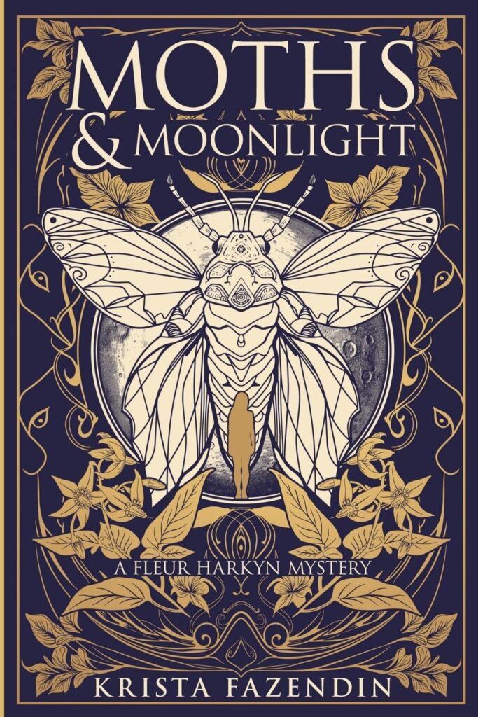 Moths and Moonlight by Krista Fazendin. A deep purple cover with an illustration of a moth in a cream color. Behind the moth is a full moon. Surrounding the moth is a muted gold filigree with leaves. 