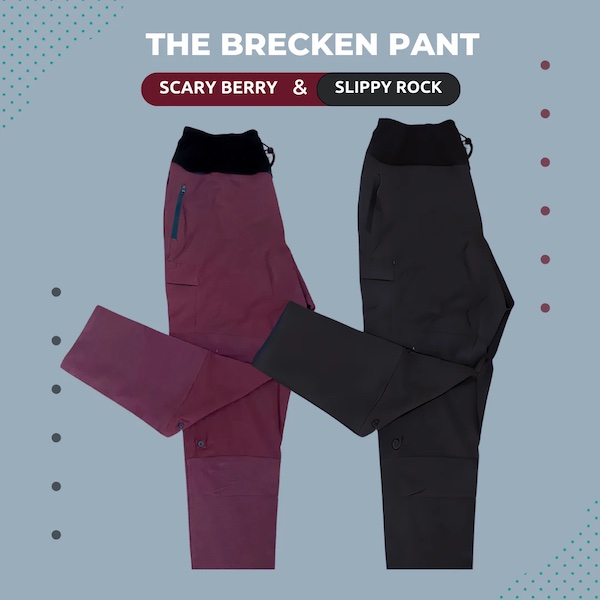 The Brecken pant in berry and dark grey, with a soft yoga waistband, side zip pockets, and roll up hems