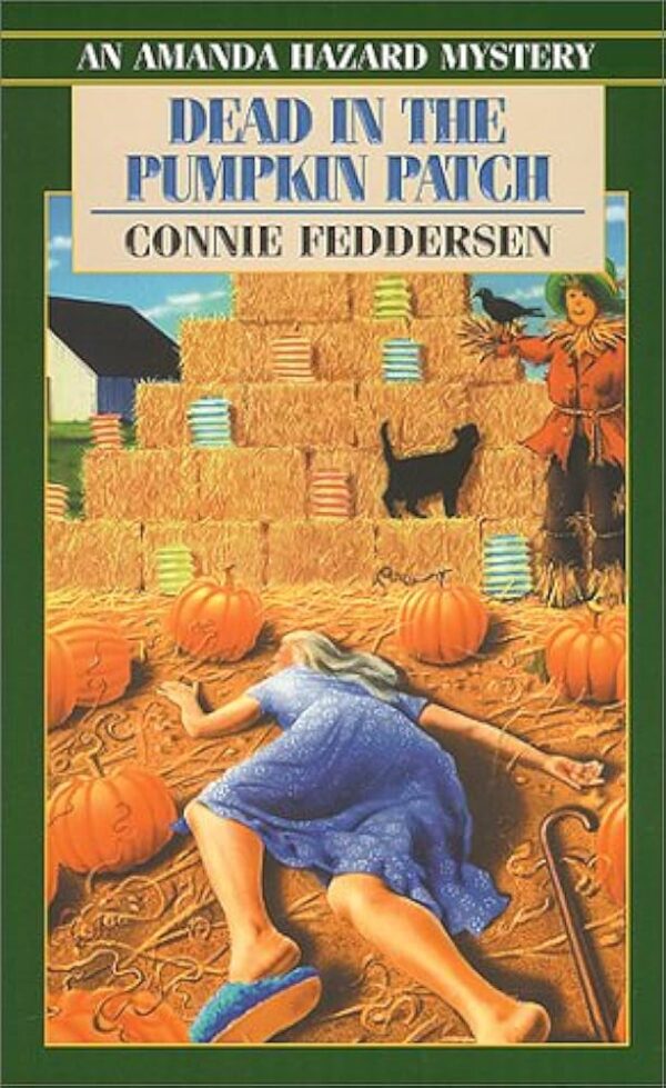 a woman in a blue dress lies face down in a field in front of a stack of haybales. There is a crow, a scarecrow and a black cat on the hay bales the focus is drawn to her backside