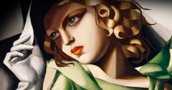 A close up look at a painting by Lempicka, showing the face is a woman in a green top and a white hat and gloves