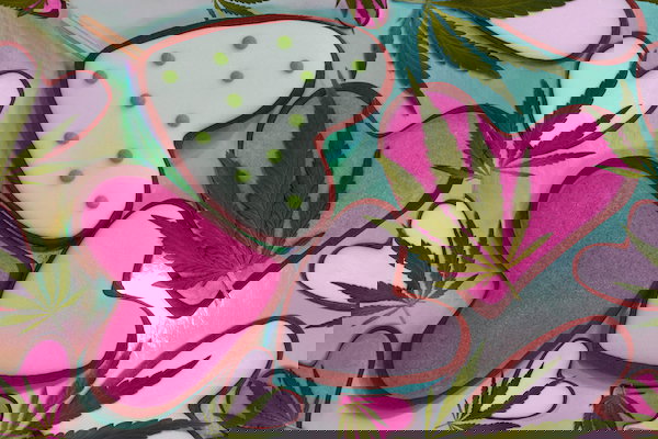 An image of heart shaped cookies with white and pink and fuchsia icing, with weed plant leaves laid on top