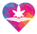 A multicolored fractal heart with a book and a weed leaf in white