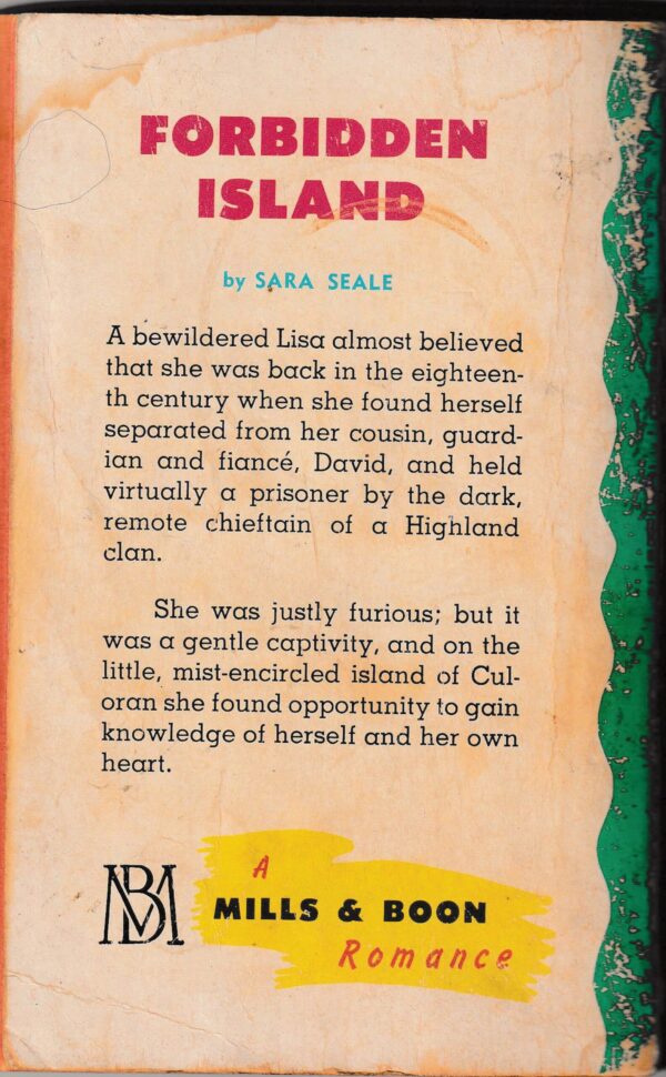 Back Cover: A bewildered Lisa almost believed that she was back in the 18th century when she found herself separated from her cousin, guardian, and fiance David and held virtually a prisoner by the dark, remote chieftan of a Highland clan. She was justly furious but it was a gentle captivity and on the little mist-encircled island of Culoran she found opportunity to gain knowledge of herself and her own heart.