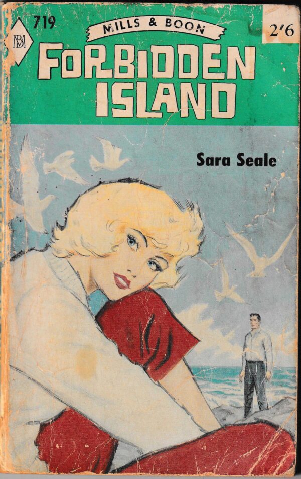 Mills and Boon Forbidden island an illustration of a white woman with very light hair leaning forward on her knee, wearing a white sweater and red culottes. She is looking at the reader. Above her head are some translucent sea gulls. In the distance at the water's edge or in the water is a dude standing in a light blue shirt and dark trousers. 