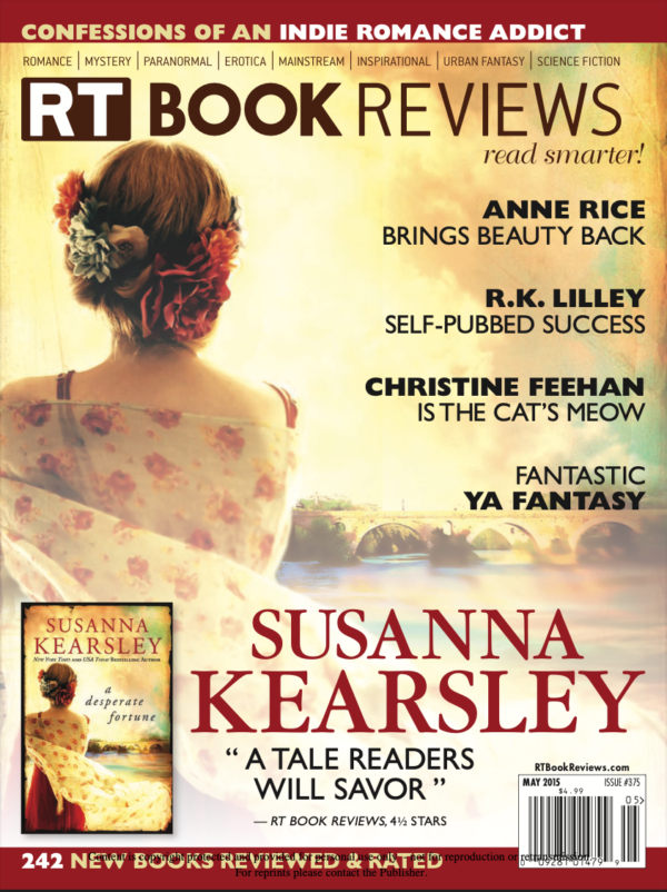 RT Book Reviews featuring the cover image of Susanna Kearsley's A Desperate Fortune, which includes a photograph of a red haired woman with flowers in her updo turned away from the viewer with a floral scarf over her shoulders 