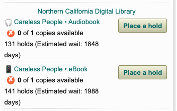 Northern California Digital Library Careless People • Audiobook ) 0 of 1 copies available 131 holds (Estimated wait: 1848 days) Careless People • eBook x 0 of 1 copies available 141 holds (Estimated wait: 1988 days)